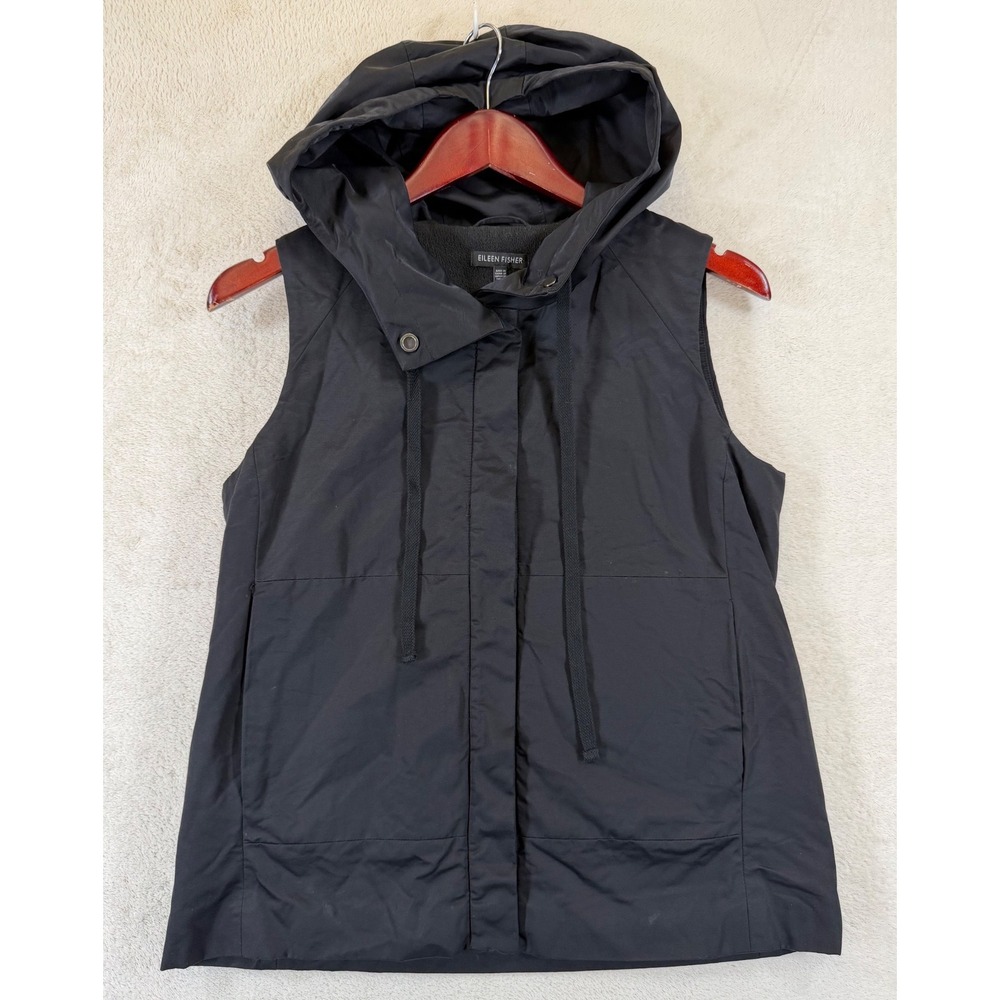 Eileen Fisher Hooded Fleece Lined Utility Vest Black Snap Cotton Nylon Womens XS